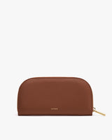 Rectangular leather wallet with zipper closure.