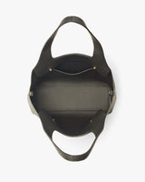 Top view of an open handbag with handles.