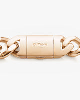 Close-up of a branded clasp on a chain link.