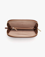Open zippered wallet with multiple card slots and compartments.