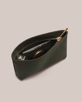 Open pouch with zipper, holding various small items visible from an angled top view