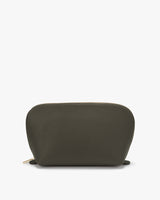 Small zippered pouch standing against a plain background.