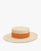 Wide-brimmed hat with a band around the crown.