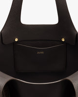 Open tote bag with interior pocket and gold buttons.