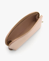 Rectangular open clutch purse with a zipper closure viewed from top angle.