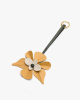 Flower-shaped keychain with petal design and loop.