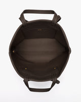 Open view of an empty tote with handles and a small interior pocket.