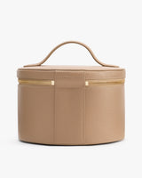 Structured cylindrical bag with a handle and zipper closure.