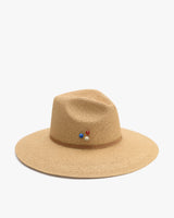Wide-brimmed hat with three small colored beads on the side.