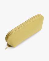 Slim rectangular pouch with a zip closure, angled view.