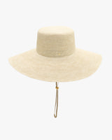 Wide-brimmed straw hat with chin strap hanging down.