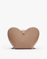 Heart-shaped purse with a clasp closure and flat base.