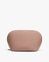 Rounded zippered pouch with minimal design.