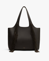 Tote bag with long fringes on both sides.