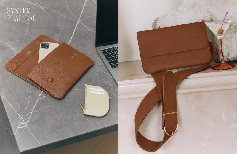 Left: Phone and cases on table. Right: Flap bag with wide strap on step near cup.