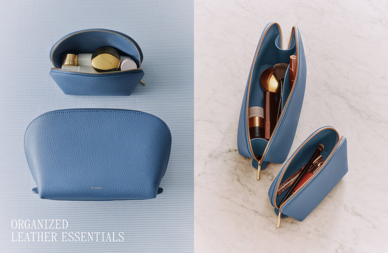 Two leather zippered pouches with various toiletries and cosmetics inside.