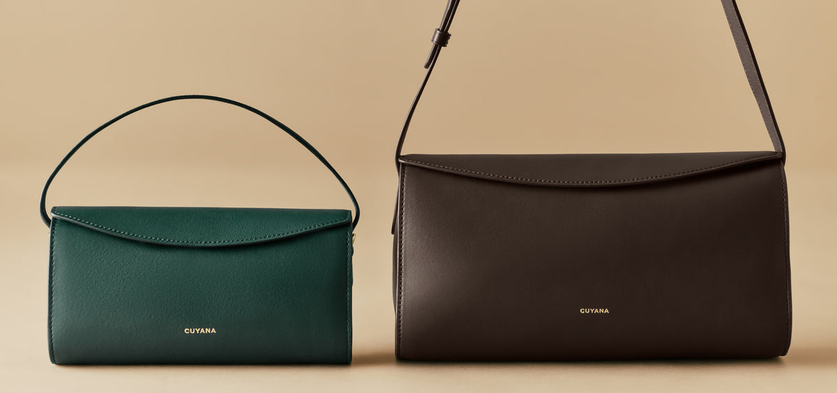 Two handbags with brand name on a neutral background.