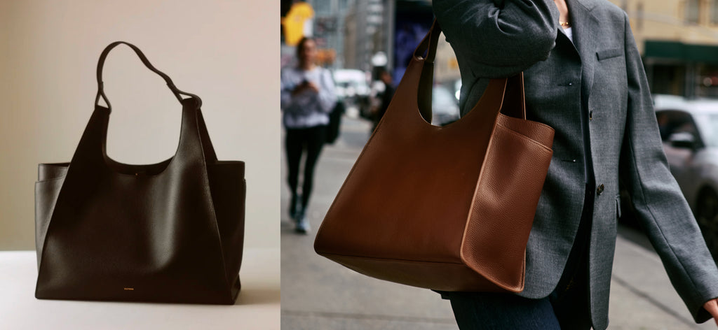 Two images of tote bags, one on display and one carried by a person.