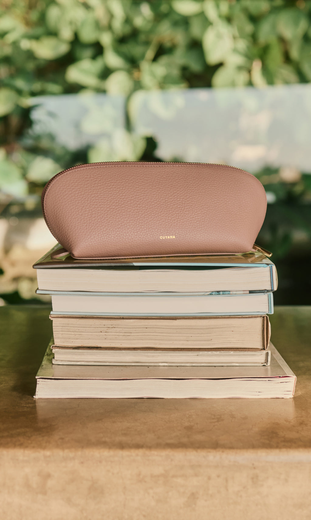 Pouch on stacked books with blurred plants in the background.