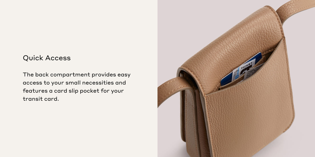 Bag with open back compartment showing a transit card.
