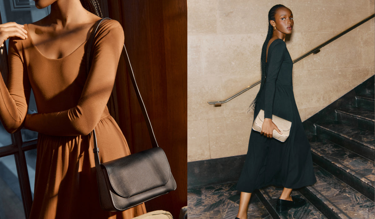 Two women posing, one with a handbag near stairs, and the other partially shown with a handbag.
