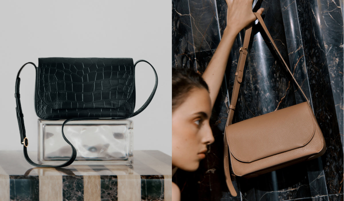Two images, left showing a purse on a table, right a woman holding a purse against a wall.