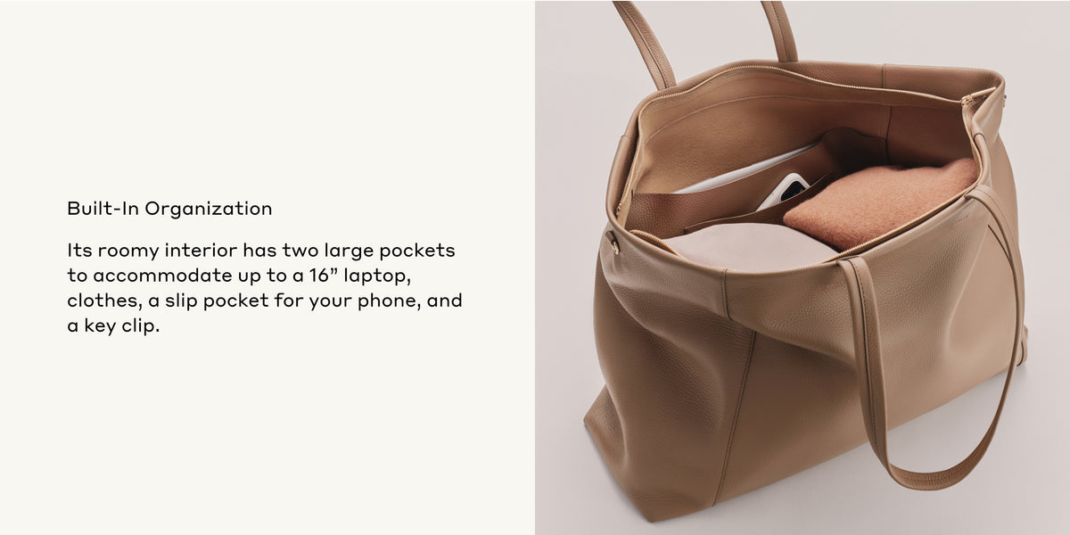 Open tote bag with text describing its interior organization features.