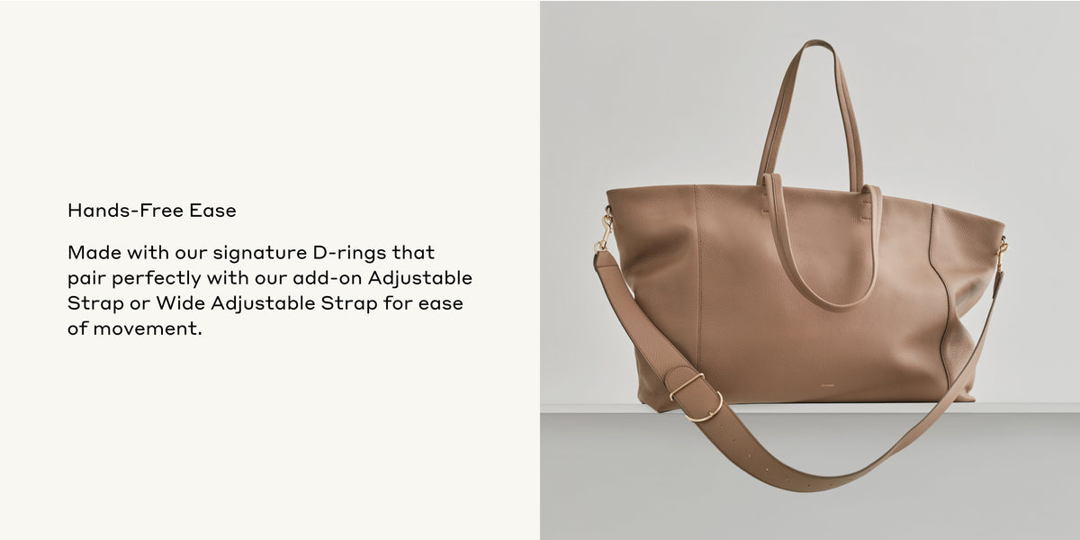 Large handbag displayed against a plain background with text on the left side.