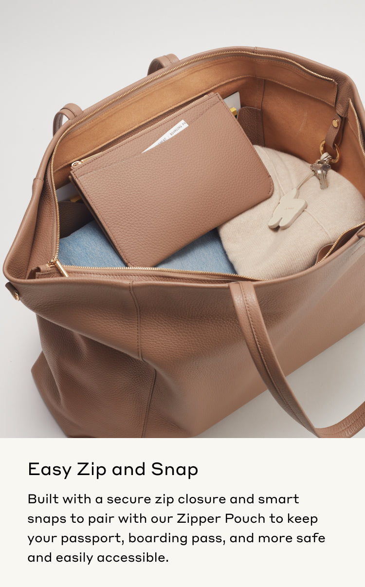 Open bag with a zipper pouch and contents visible.