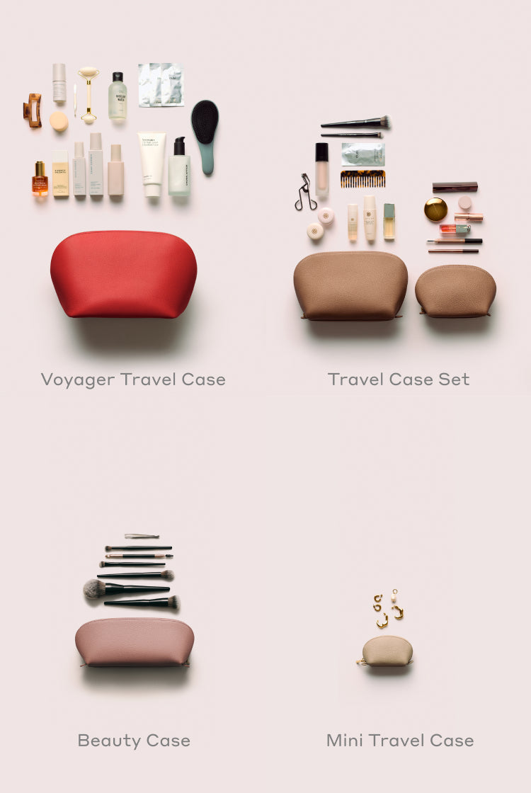 Four travel and beauty cases with various cosmetic items displayed above each.