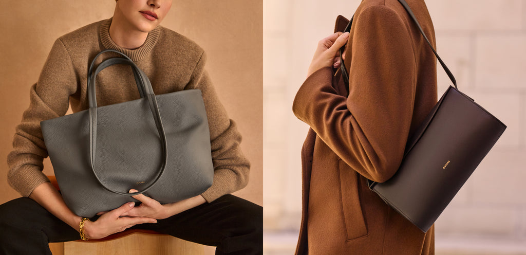 Two people holding different styles of handbags.