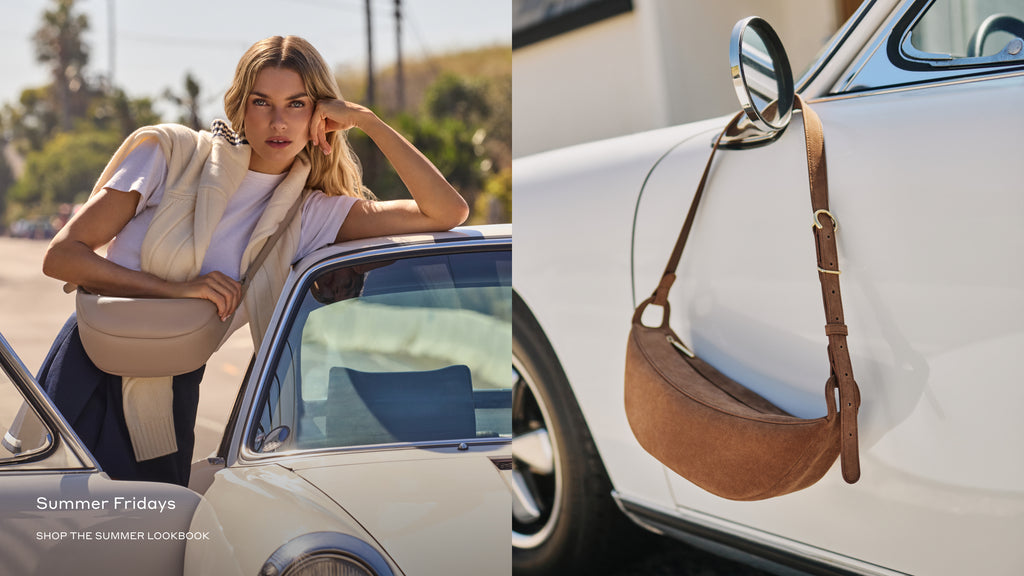 Woman leaning on car, wearing a sling bag; brown bag hanging on car mirror.