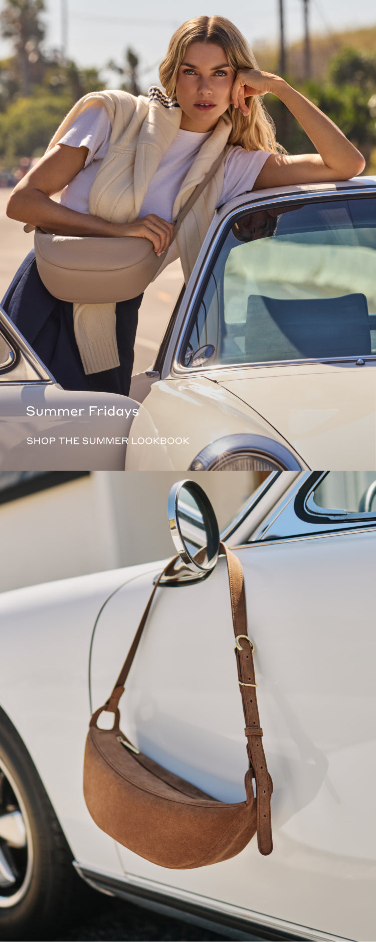 Person leaning on car with a sling bag; a suede sling bag hangs on side mirror.