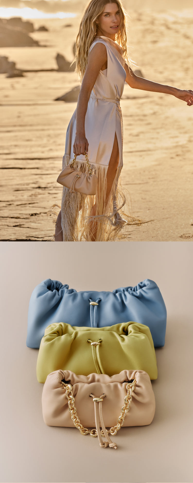Person on beach holding bag with fringe; three bags with chains displayed below.