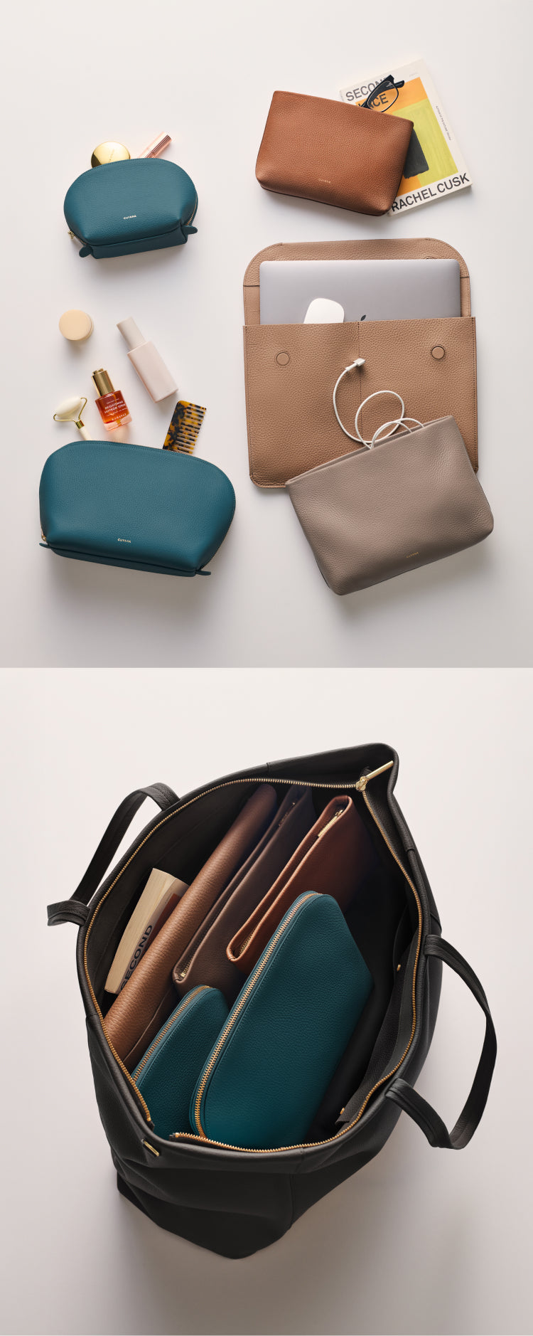 Various pouches and bags arranged on a surface and inside a larger bag.
