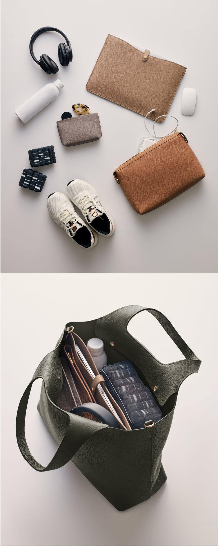Various accessories and shoes beside travel bag with items inside.