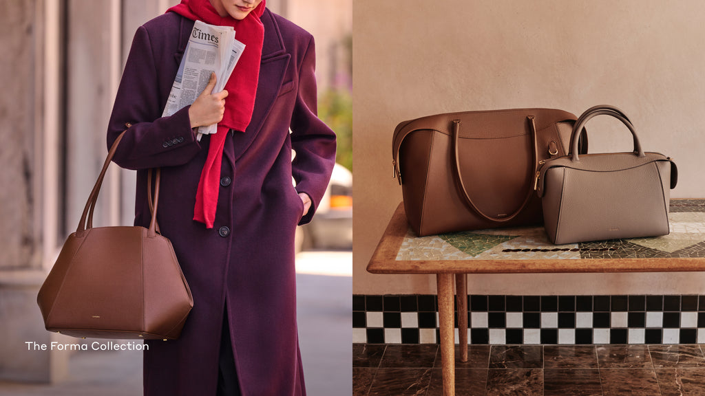 Person with bag and newspaper; two bags on a table next to a checked surface