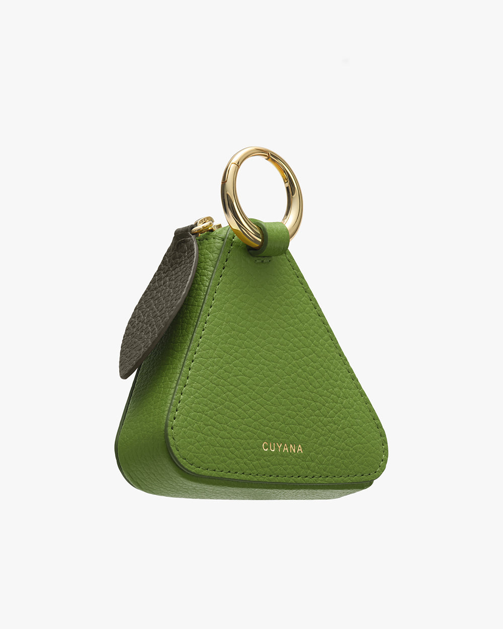 Triangle-shaped leather pouch with a ring handle.