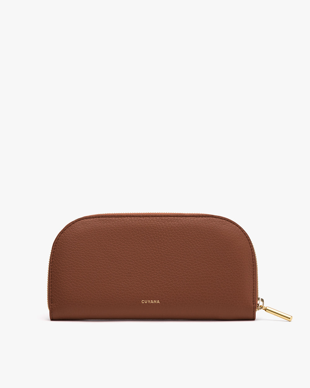 Rectangular leather wallet with zipper closure.