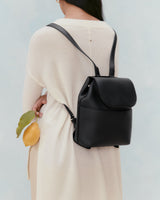 Person with backpack holding a fruit, viewed from behind.
