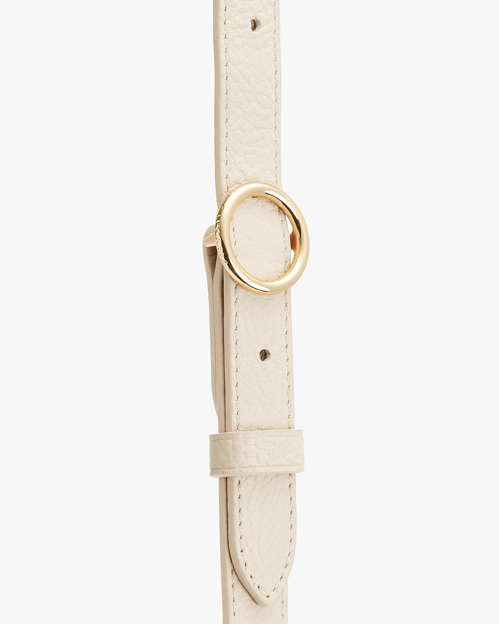 Belt with a metal buckle and punched holes displayed vertically.