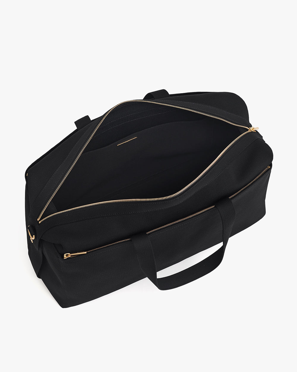 Open travel bag with zipper and handles on neutral background.
