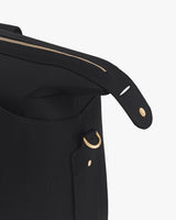 Close-up of a travel bag with a zipper and metal ring detail