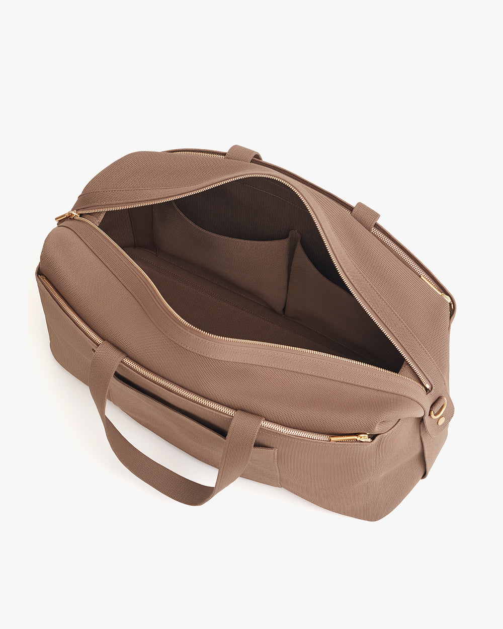 Open travel bag with shoulder straps and pockets inside.