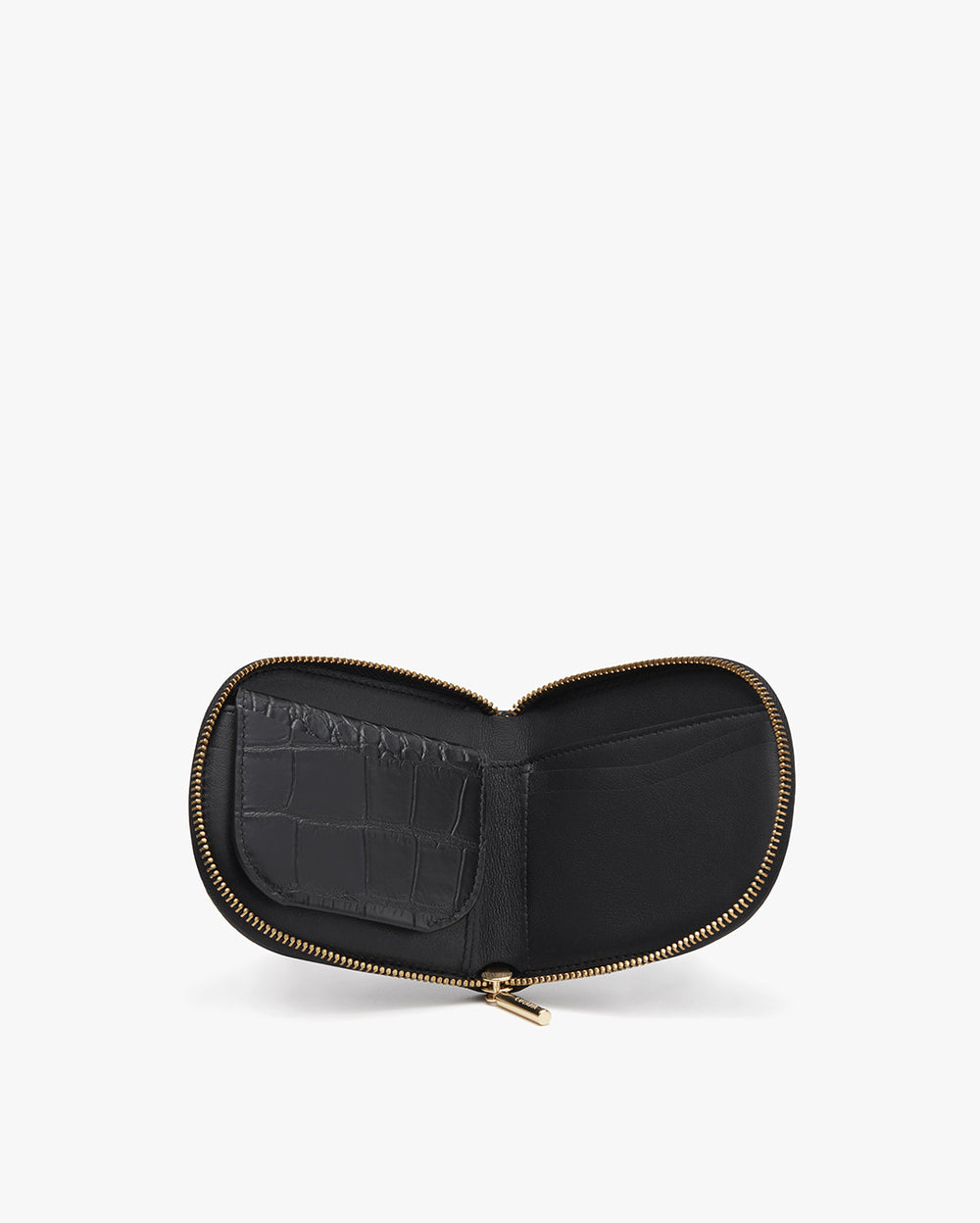 Open wallet with zipper on a plain background.
