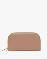 Zippered pouch on a plain background.
