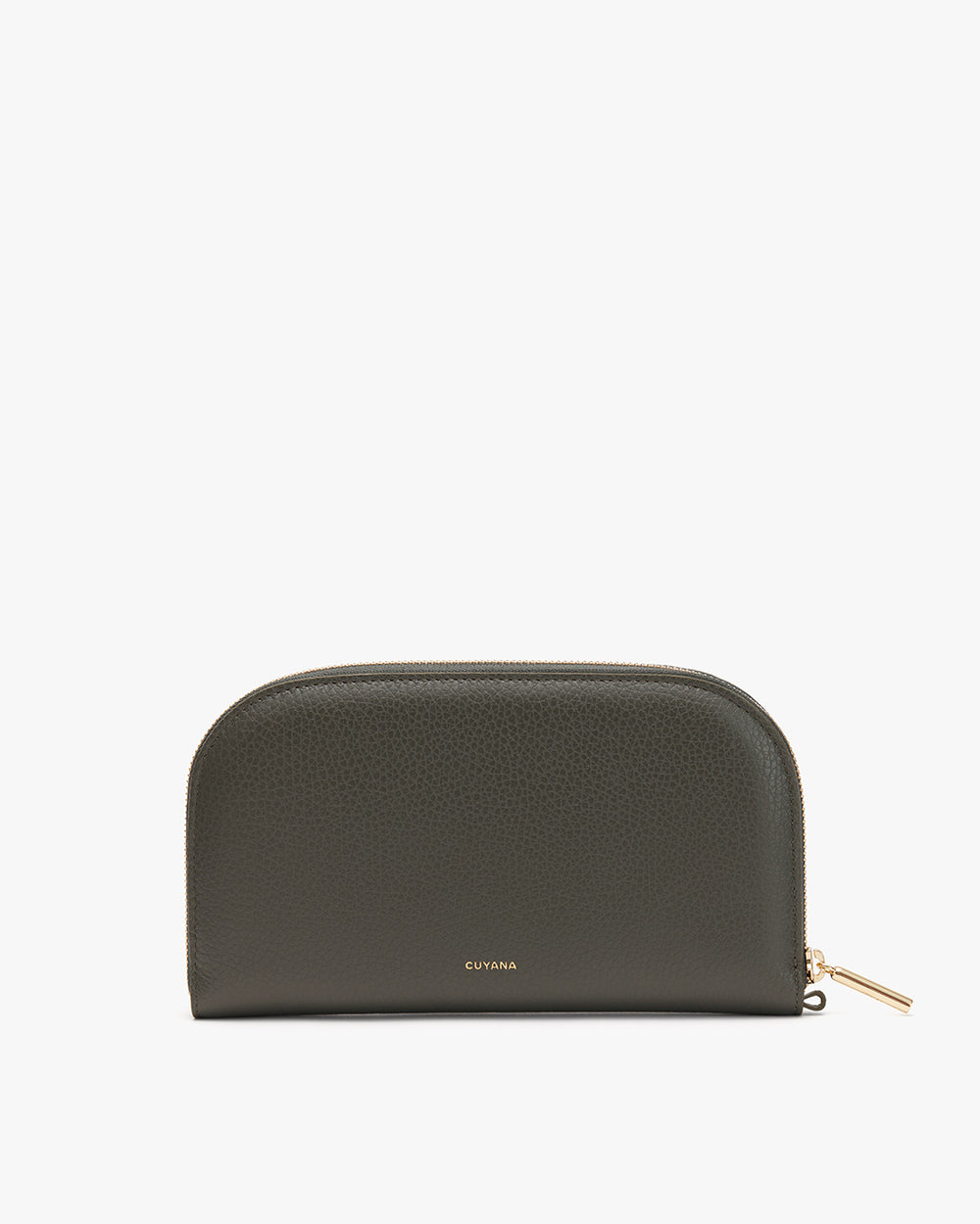 Curved zippered pouch with brand name on front.