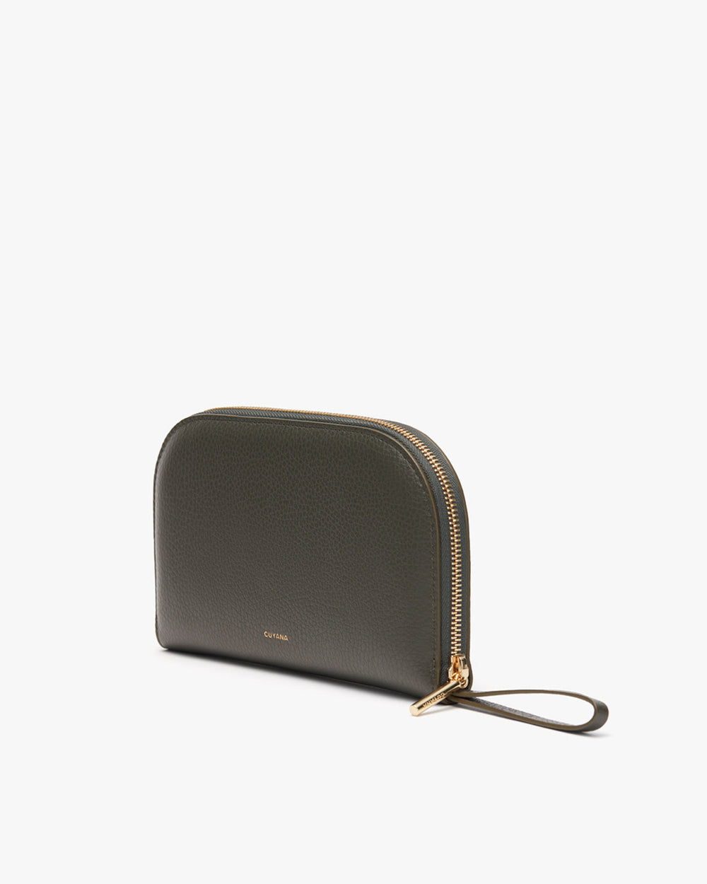 Small zippered pouch with a wrist strap standing upright