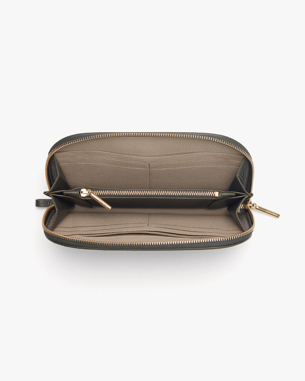 Open wallet with zipper compartments on a light background.