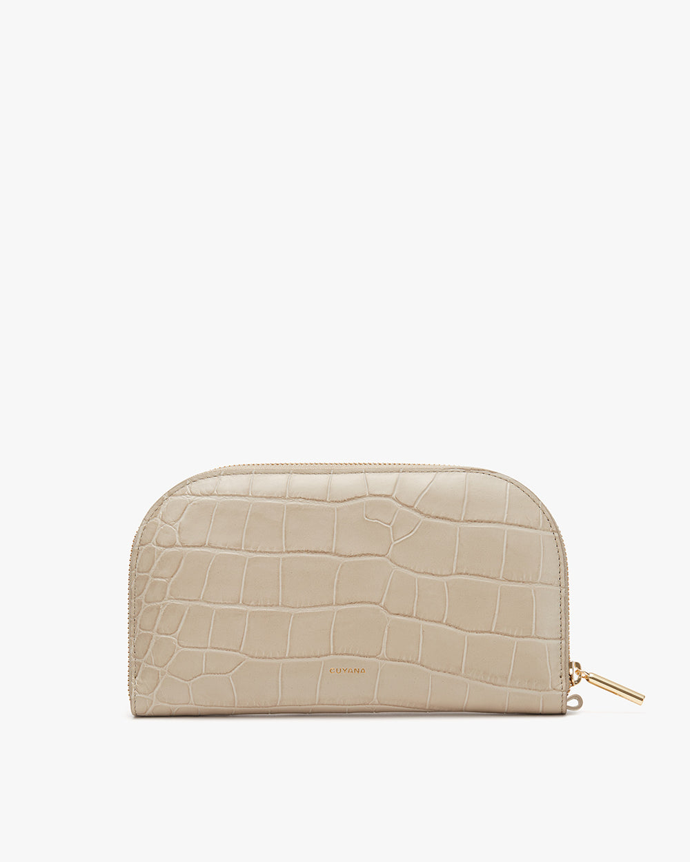 Zippered cosmetic bag with a textured pattern.